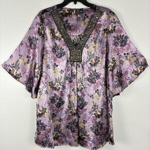 New Directions Boho Tunic Top 2X Witchy Forest Fairy Whimsygoth Floral Purple